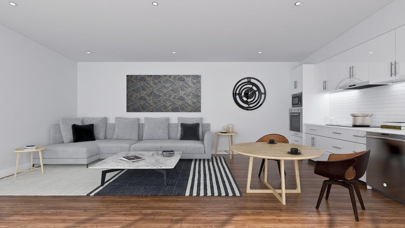 Wooden floors with white wall. White cabinet in the kitchen with some kitchen utensils. Round wooden table with two chairs. Carpet and ceramic table in the center. Sofa